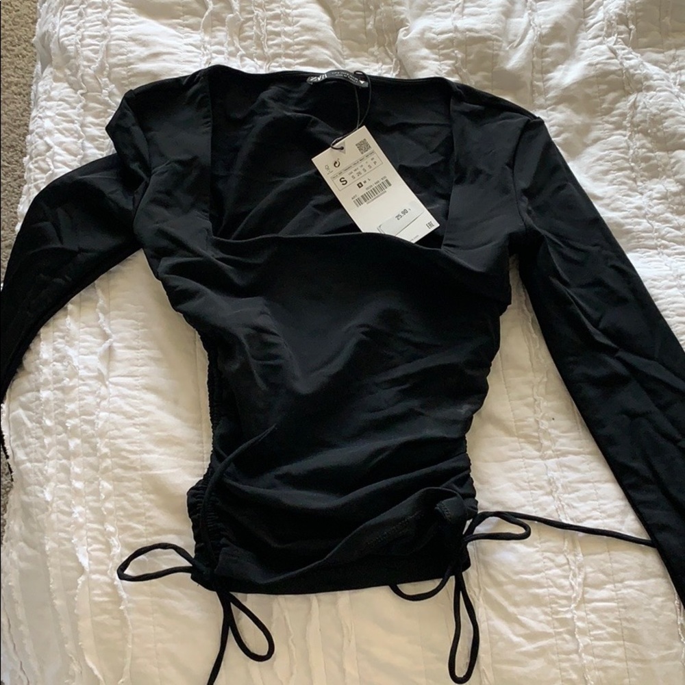 ZARA BLACK RUCHED STRETCHY TOP- Black, Small